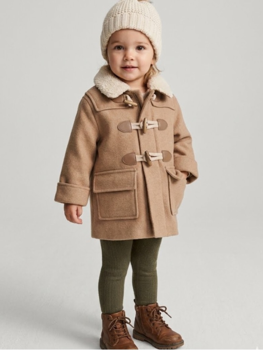 New H&M Duffle Pea Coat w/ Teddy Fleece Lining Baby Girl 9 Months Brown Cream